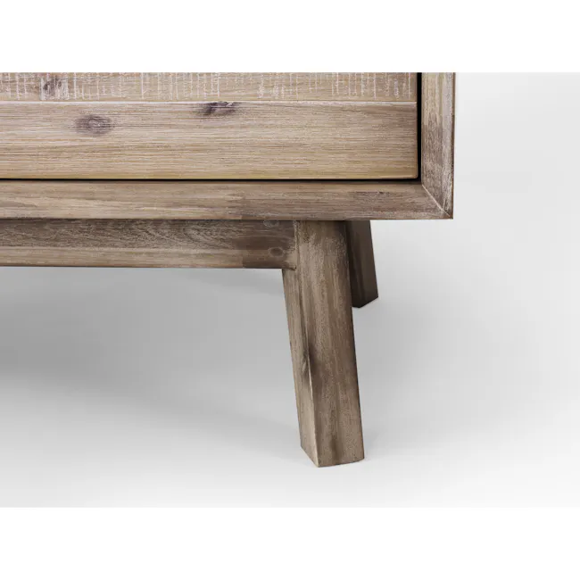 Leland Twin Drawer Coffee Table - 7 - Wooden table with visible grain and texture, rustic design, weathered finish, natural