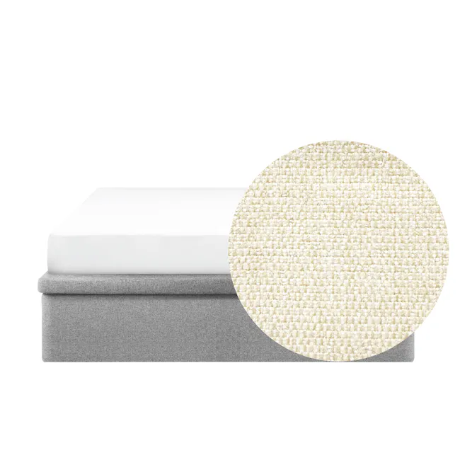 (As-is) ESSENTIALS Queen Storage Bed - Oat (Eco Clean Fabric) - 1 - White and gray bedding set, textured fabric, modern