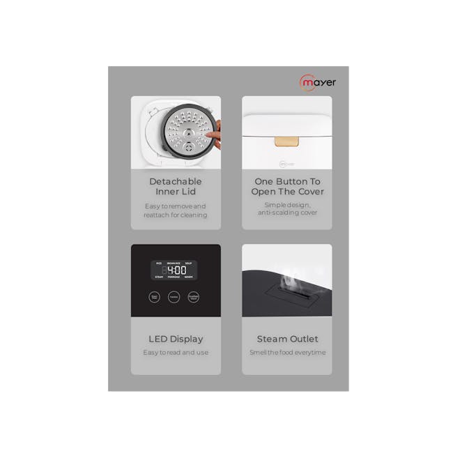 Mayer 0.8L Digital Rice Cooker - White - 11 - - Dual functionality with detachable inner lid, - One-button design for easy