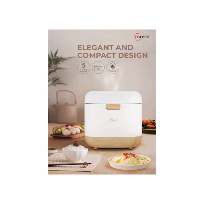 Mayer 0.8L Digital Rice Cooker - White - 3 - Elegant and compact design, 5 cooking functions, non-stick pot, overheating