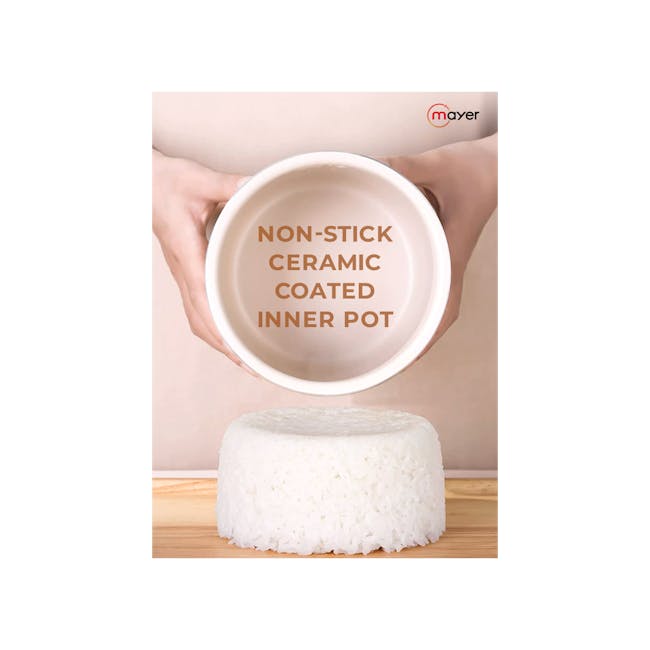 Mayer 0.8L Digital Rice Cooker - White - 8 - ceramic pot, non-stick coating, white rice, bowl, wooden surface, person