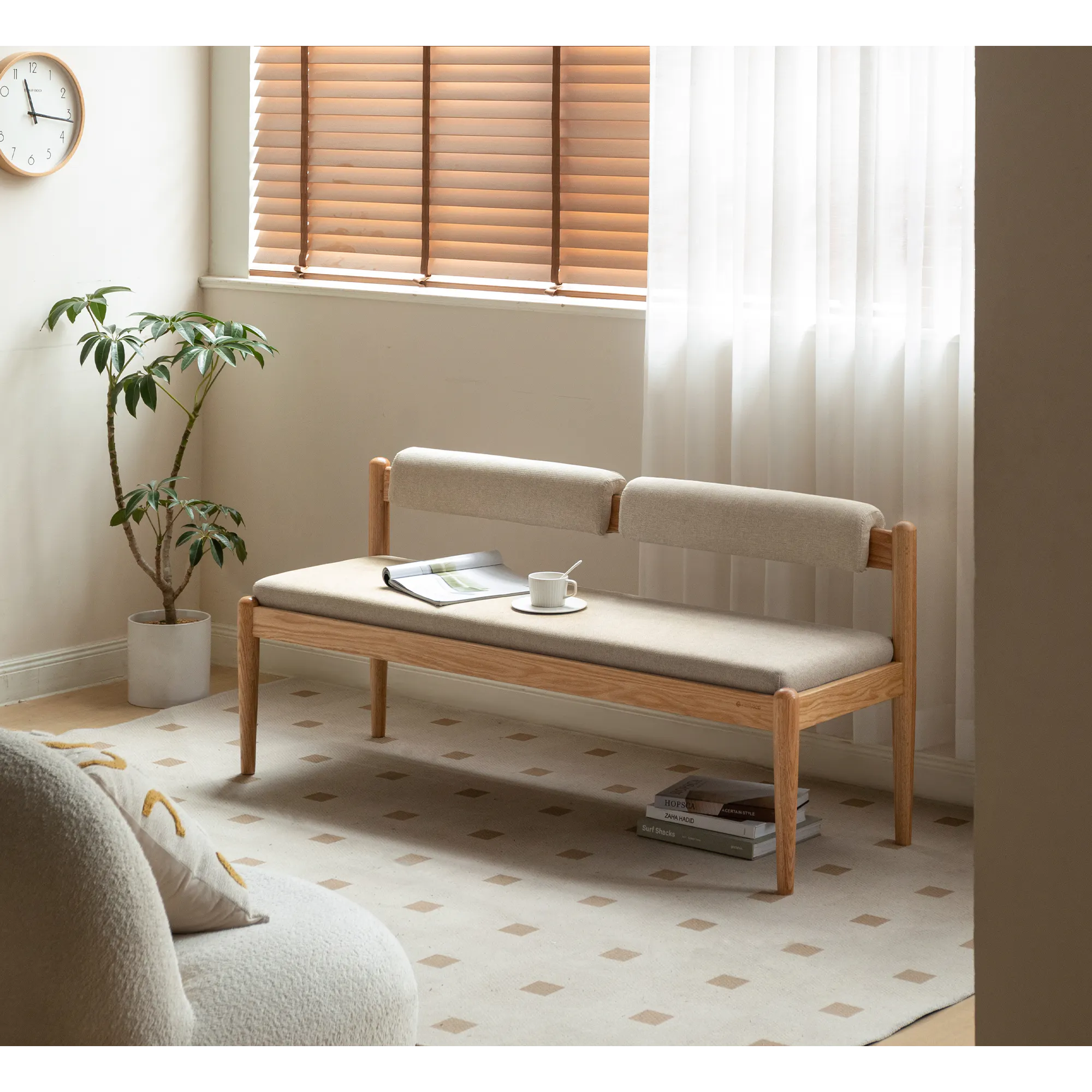 Adelyn Dining Table 1.4m (Sintered Stone) with 2 Niel Chairs and Niel Bench 1.25m in Oak - 47 - Wooden bench, beige