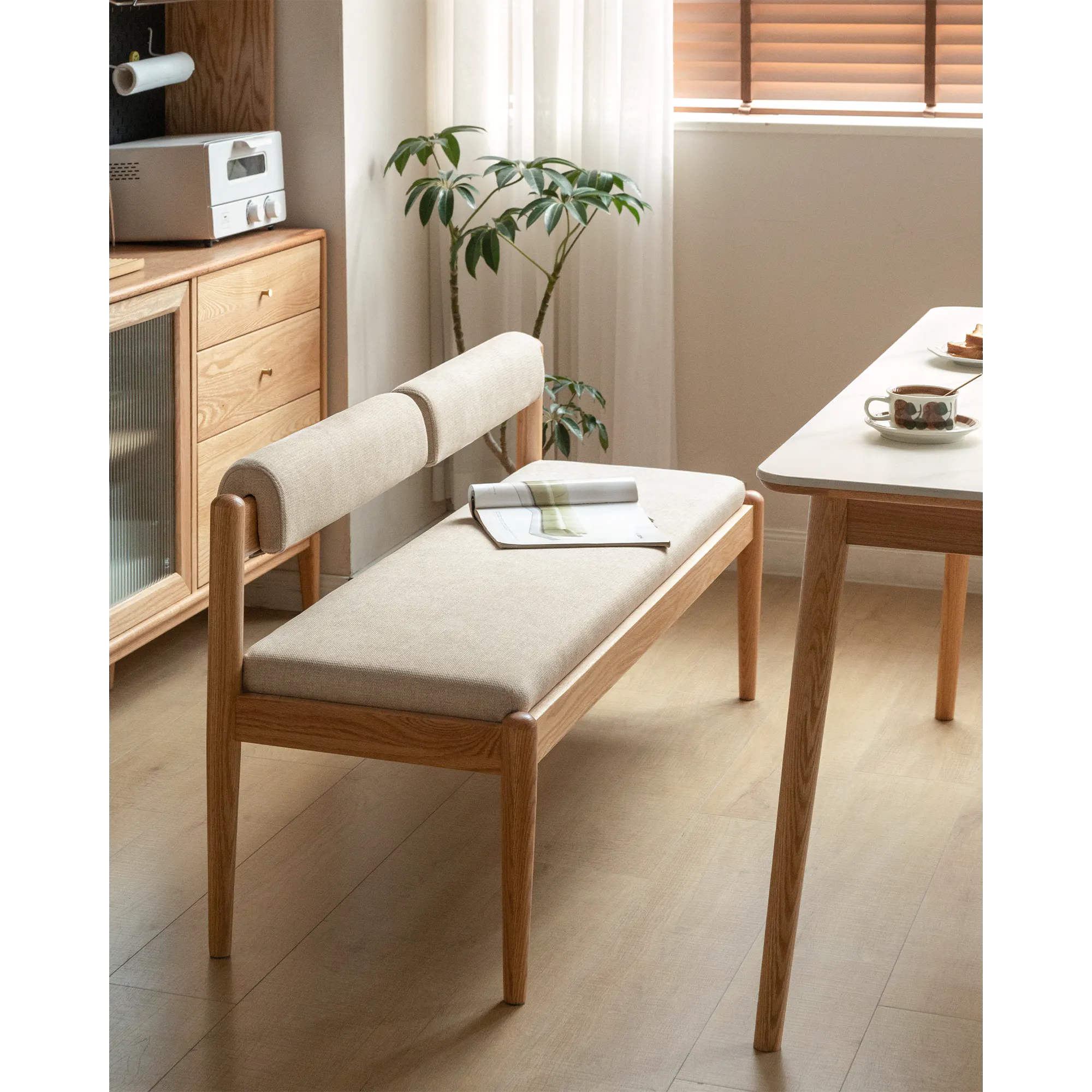 Adelyn Dining Table 1.4m (Sintered Stone) with 2 Niel Chairs and Niel Bench 1.25m in Oak - 53 - Wooden bench, beige cushion