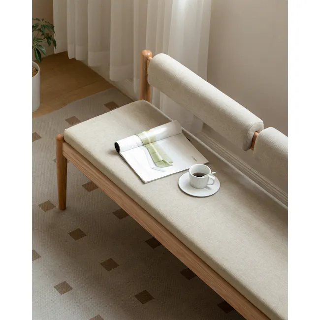 Niel Bench 1.25m - Oak, Gravel White - 7 - mattress, cozy seating, wooden frame, beige cushions, soft lighting, indoor
