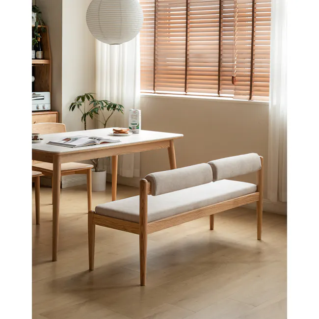 Niel Bench 1.25m - Oak, Gravel White - 3 - Wooden dining table, minimalist design, light beige upholstered bench, natural