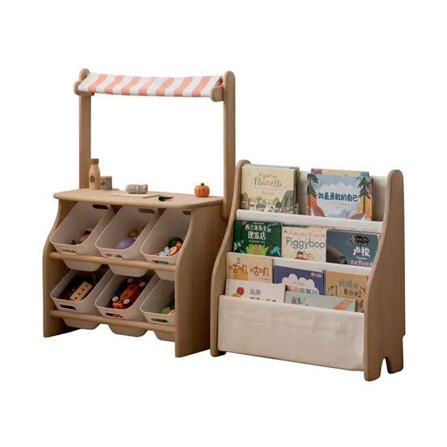 Micah Wooden Kids Toy Grocer Stand - 8 - Wooden playpen with striped canopy, children's storage bins, colorful books