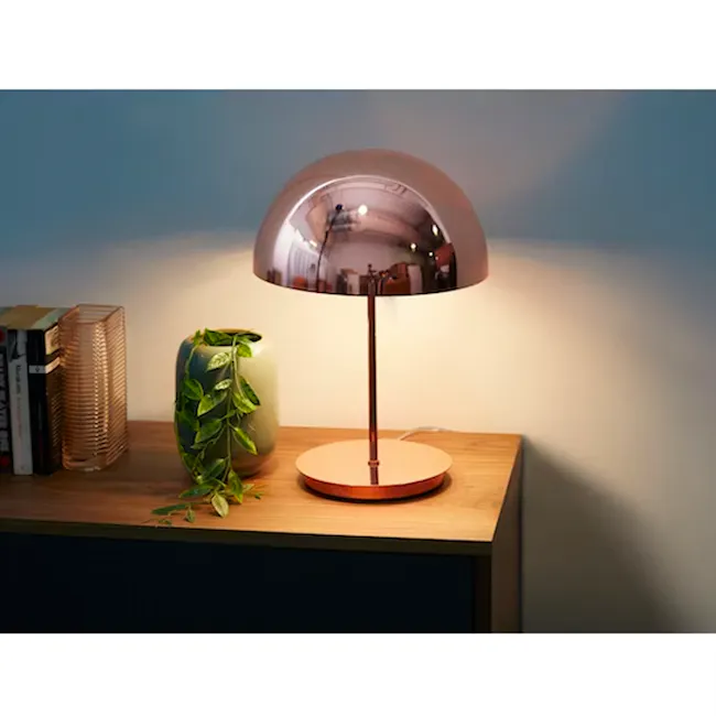 Marisa Table Lamp - Copper - 2 - Modern desk lamp, green plant, reflective surface, warm lighting, minimalist decor, wooden