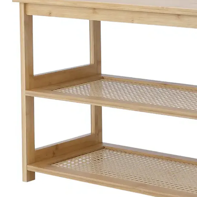 Saans Rattan Shoe Rack Bench 0.9m - 5 - Light wood, natural finish, minimalist design, woven texture, open shelving, simple
