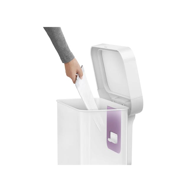 simplehuman Rectangular Step Can - White (2 Choices) - 9 - white trash can, open trash bin, person placing paper, recycling
