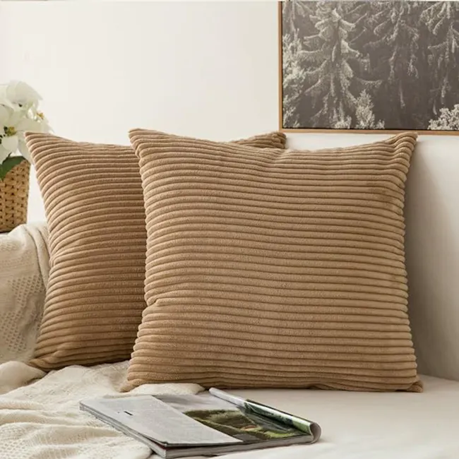 Emeri Large Corduroy Cushion - Camel - 3 - Cream-colored, textured, ribbed, cozy, modern, minimalist, natural, earthy, soft