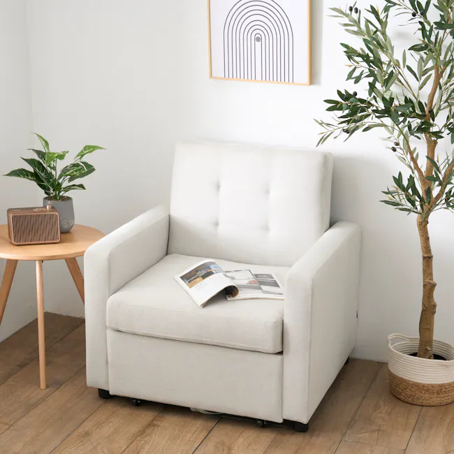 Mason Sofa Bed - Ecru - 3 - White upholstered armchair, wooden floor, modern design, minimalist decor, cozy atmosphere