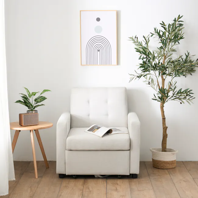 Mason Sofa Bed - Ecru - 4 - Minimalist living room, modern furniture, white walls, wooden floor, cozy armchair, soft