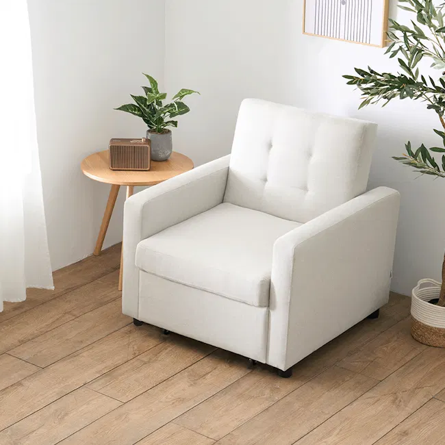 Mason Sofa Bed - Ecru - 2 - White armchair, wooden floor, modern design, minimalist decor, light-colored upholstery, cozy