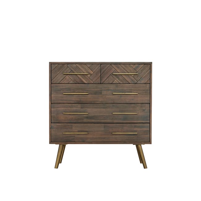 Cadencia 5 Drawer Chest 1m - 1 - Wooden dresser with herringbone pattern, gold handles, three drawers, minimalist design