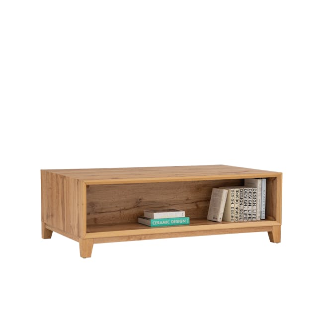 Oregon Coffee Table 1.2m - 4 - Wooden sideboard, minimalist design, light wood finish, open shelf, decorative books, ceramic