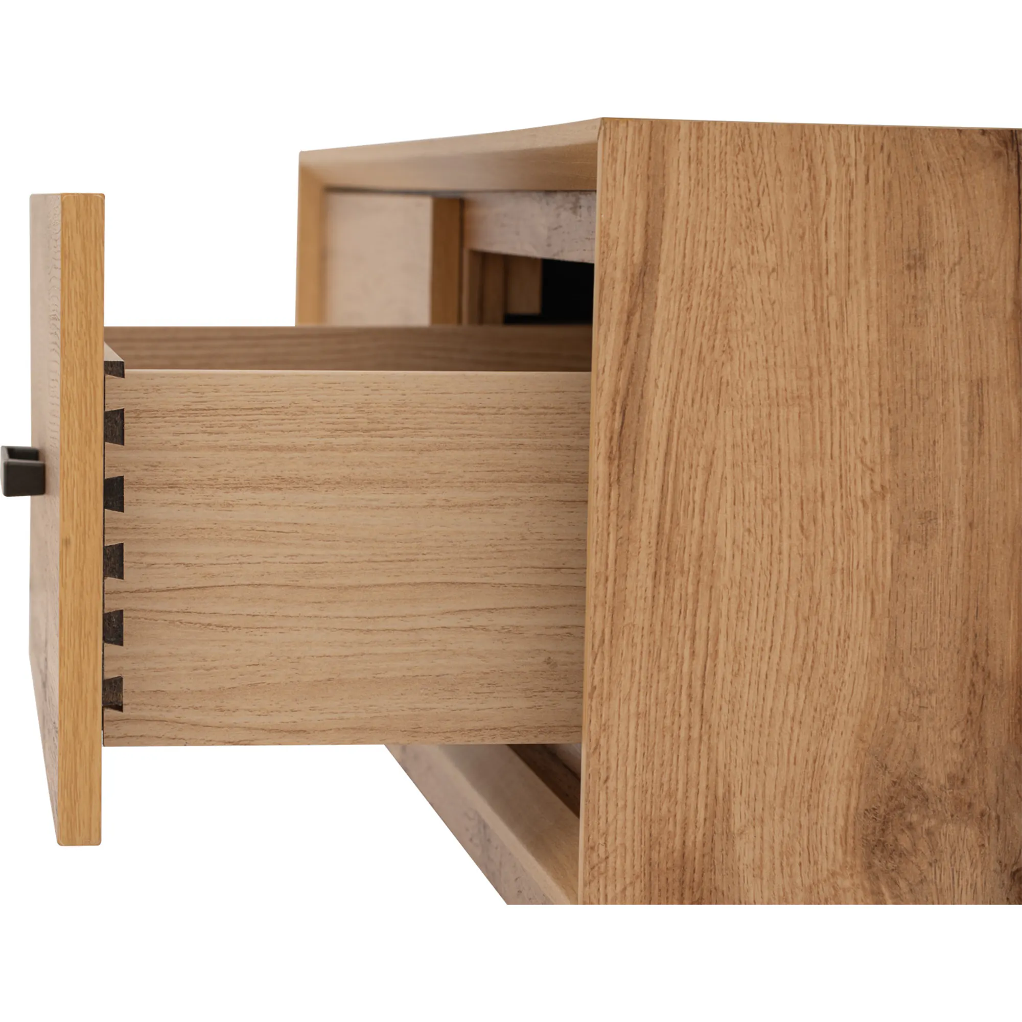 Oregon Coffee Table 1.2m - 14 - Wooden drawer with black handles, close-up view, natural wood grain, light brown finish