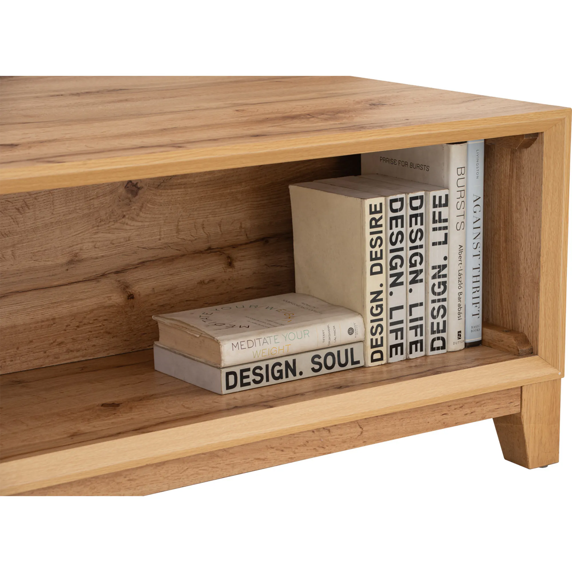 Oregon Coffee Table 1.2m - 12 - Wooden shelf, minimalist design, natural wood finish, bookshelf, wooden texture, light brown