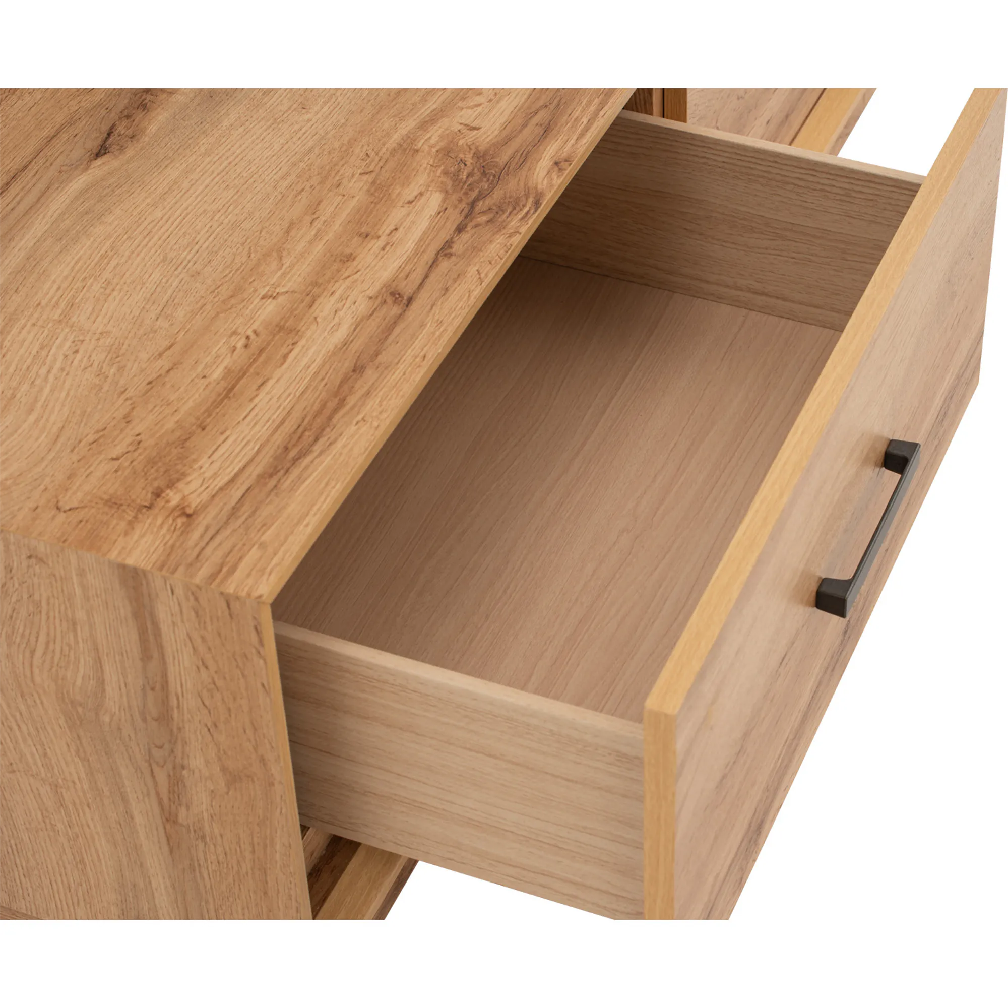 Oregon Coffee Table 1.2m - 17 - Wooden desk with hidden drawer, natural wood grain, minimalist design, sleek metal handle