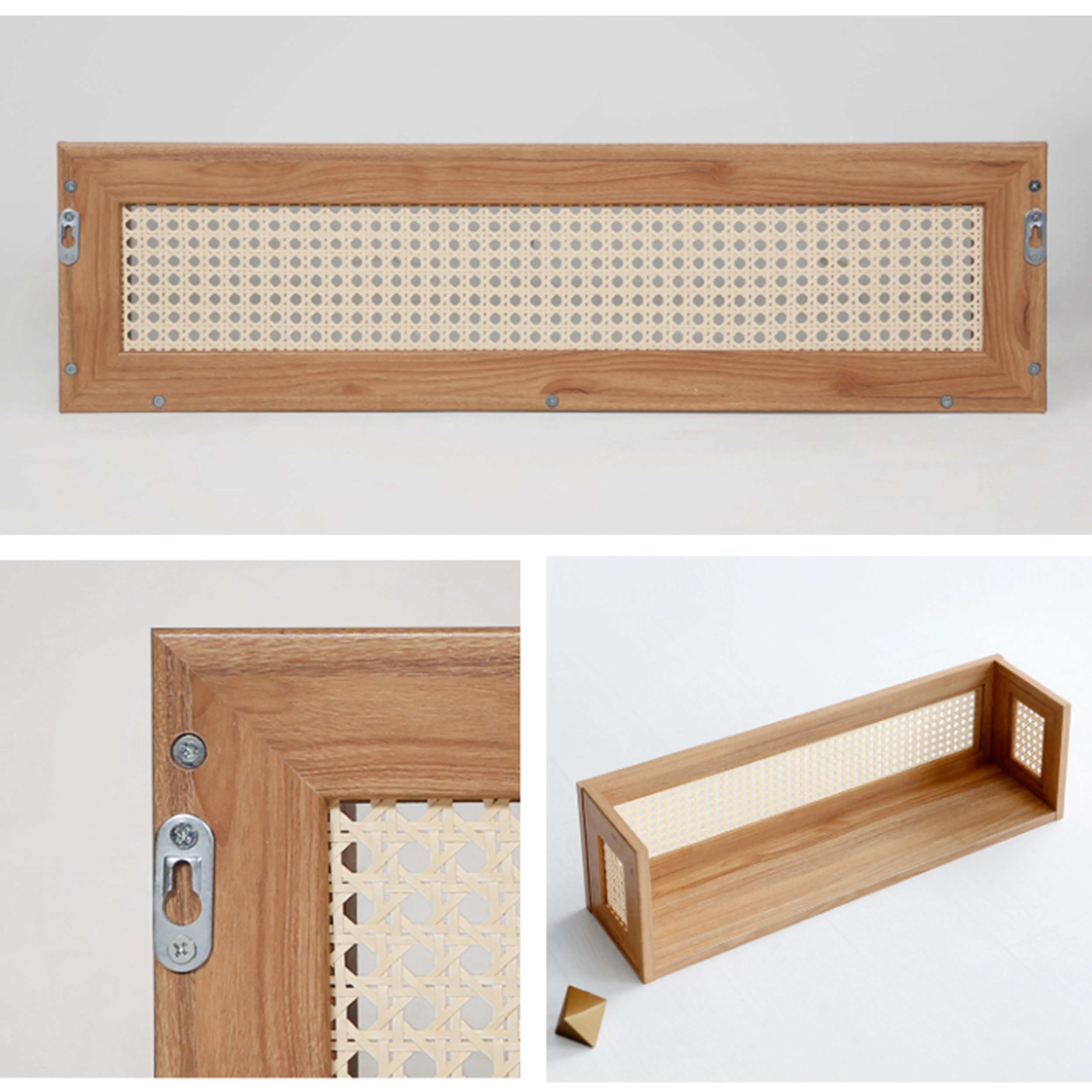 Belig Rattan Wall Shelf - Oak - 9 - Wooden frame with woven lattice, rustic charm, natural wood finish, decorative accents