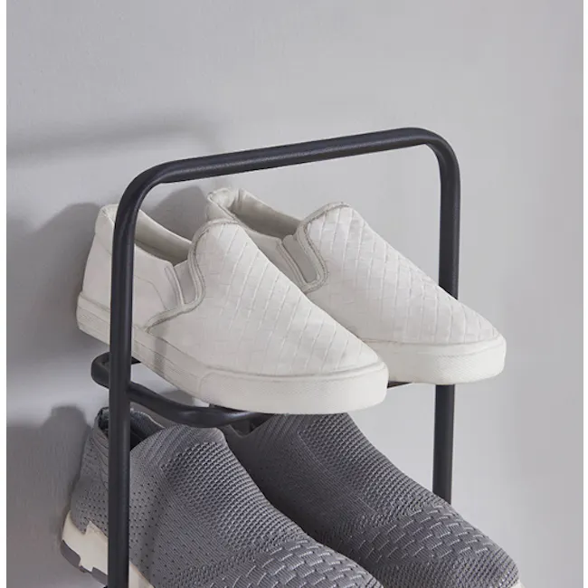 Chester Shoe Rack - White, Natural - 10 - White slip-on shoes, black metal rack, minimalist design, textured surface, casual