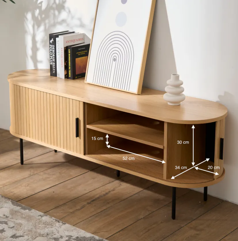 Nola TV Console 1.5m - Oak - 16 - Wooden sideboard, minimalist design, modern decor, wooden legs, open shelf, 15 cm depth