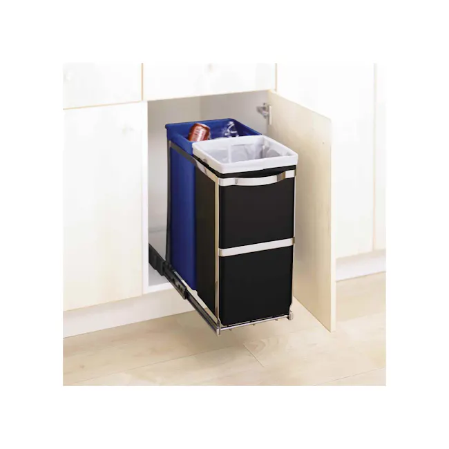 simplehuman 35L Dual Compartment Under Counter Pull-Out Can - 5 - Blue and black trash can, open cabinet, modern design