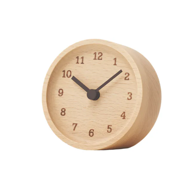 MUKU Table Clock - Beech - 1 - Wooden round clock, minimalist design, black hands, numbers 1 through 12, hour and minute