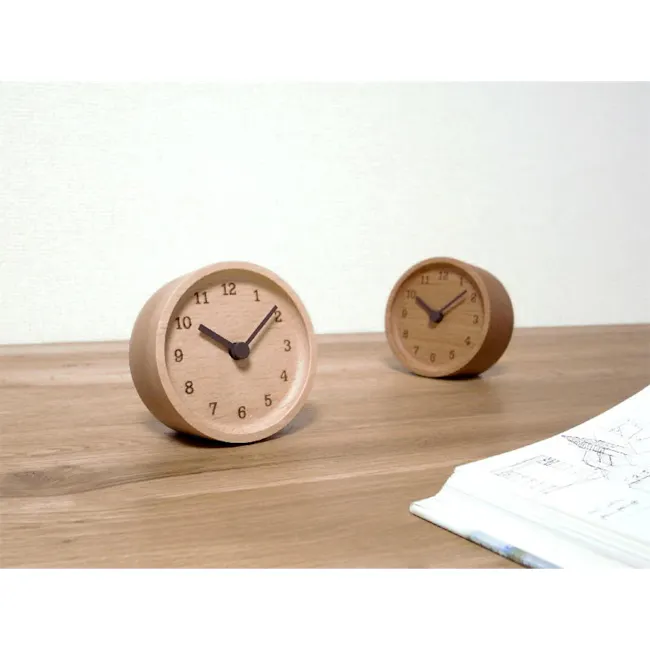 MUKU Table Clock - Beech - 2 - Wooden wall clock, minimalist design, round shape, analog clock, two clocks, wooden base