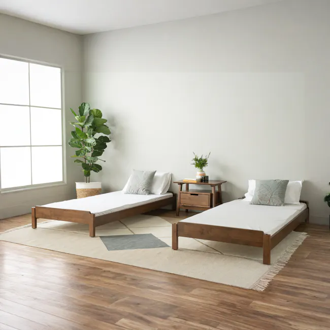 Hans Stackable Single Bed - Cocoa - 3 - Bright room with large window, natural light, wooden bed frames, white bedding