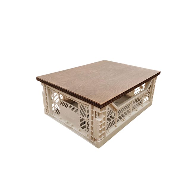 Aykasa Walnut Restored Midibox Lid - 1 - Wooden table with intricate lattice design, beige plastic frame, rectangular shape