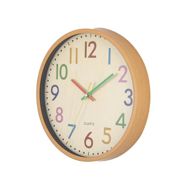 Playful Palette Wall Clock - 2 - Wooden round clock with colorful numbers, Quartz movement, minimalist design, pastel