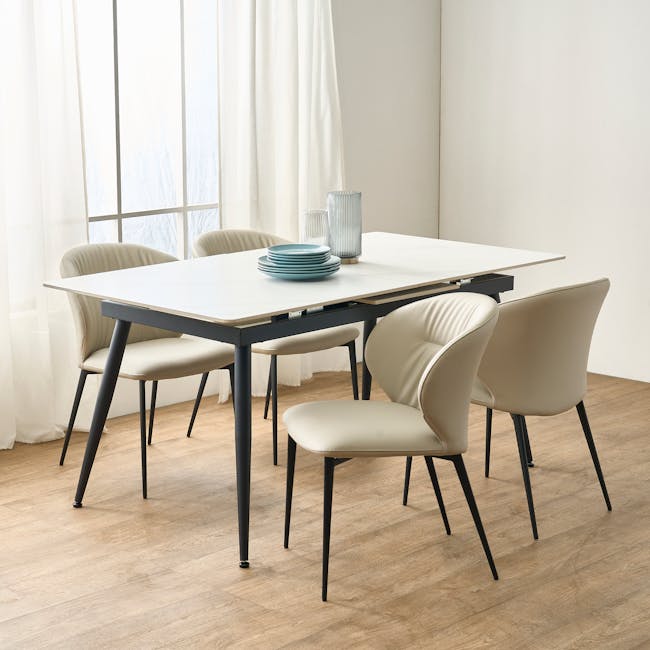 Lawson Dining Chair - Beige (Faux Leather) - 3 - Modern dining room, minimalist design, large window, sheer curtains, light