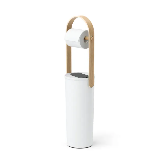 Bellwood Toilet Paper Holder - White, Natural - 13 - White cylindrical trash can, wooden stand, toilet paper holder, modern