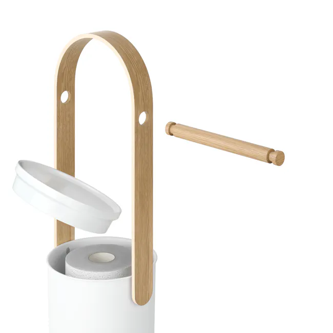 Bellwood Toilet Paper Holder - White, Natural - 10 - Wooden toilet paper holder, white toilet paper roll, wooden handle