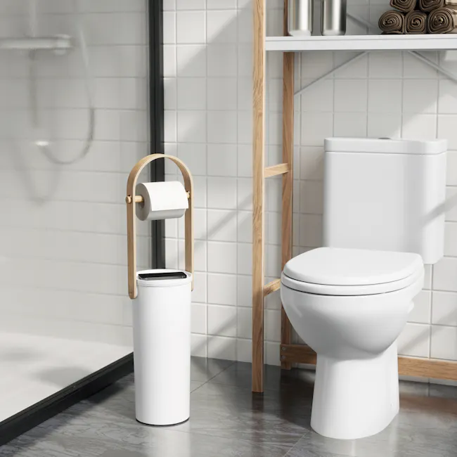 Bellwood Toilet Paper Holder - White, Natural - 16 - White toilet, wooden shelf, white towel, toilet paper holder, modern