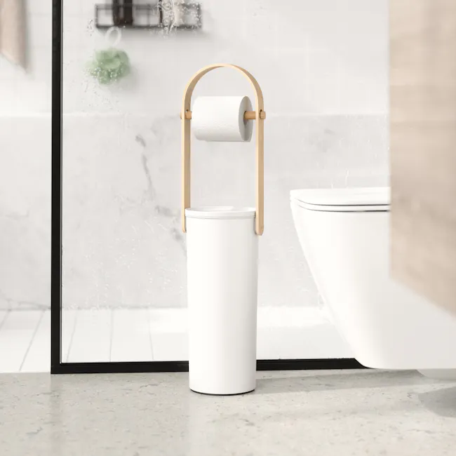 Bellwood Toilet Paper Holder - White, Natural - 15 - White cylindrical toilet paper holder with wooden arm, modern bathroom