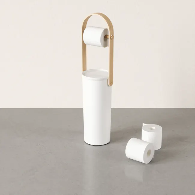 Bellwood Toilet Paper Holder - White, Natural - 14 - White cylindrical dispenser, wooden holder, minimalist design, modern
