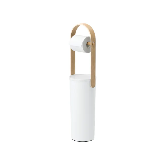 Bellwood Toilet Paper Holder - White, Natural - 1 - White cylindrical toilet paper holder with wooden arm, white toilet