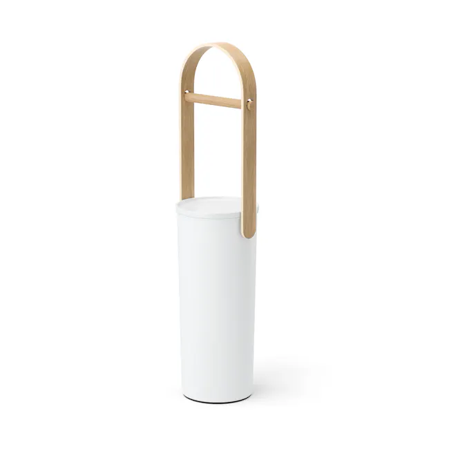 Bellwood Toilet Paper Holder - White, Natural - 8 - White cylindrical trash can, wooden handle, minimalist design, modern