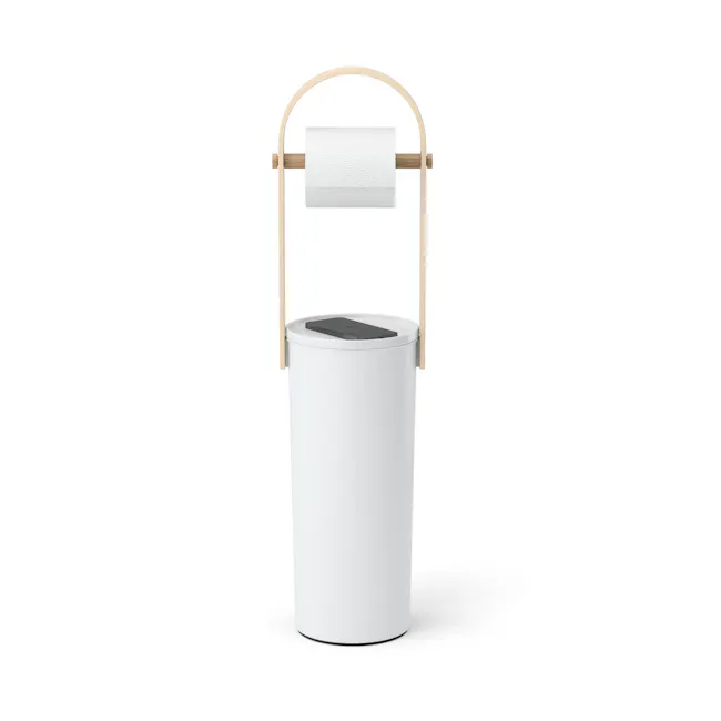 Bellwood Toilet Paper Holder - White, Natural - 6 - White cylindrical trash can, modern design, minimalist aesthetic, wooden