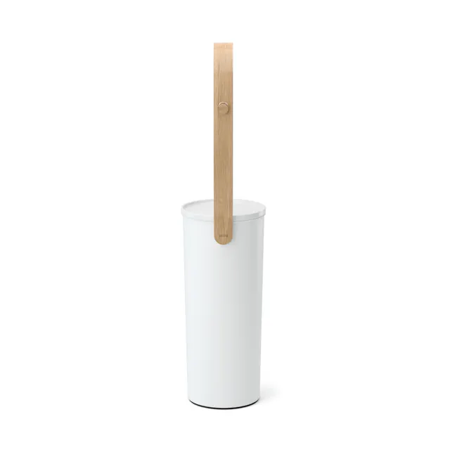 Bellwood Toilet Paper Holder - White, Natural - 9 - Wooden stick, white cylindrical container, minimalist design, natural