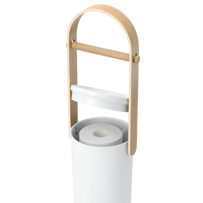 Bellwood Toilet Paper Holder - White, Natural - 4 - Wooden holder, white cylindrical container, toilet paper roll, white