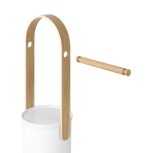 Bellwood Toilet Paper Holder - White, Natural - 12 - Wooden handrail, white bucket, minimalist design, wooden post