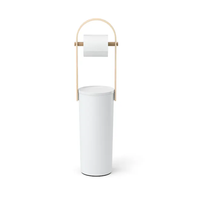 Bellwood Toilet Paper Holder - White, Natural - 5 - White cylindrical trash can, minimalist design, wooden towel rack, white