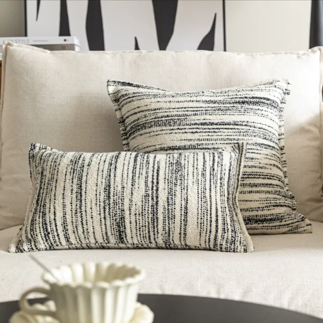 Nella Textured Linear Cushion - Mono - 4 - Cream-colored sofa, striped pillows, black and white pattern, modern decor, cozy
