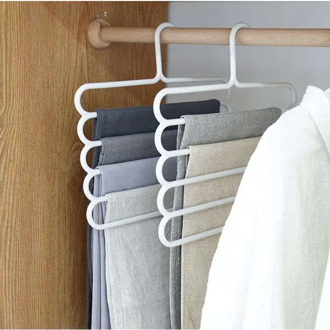 Multi Hanger - Taupe - 5 - Wooden wardrobe door, white hangers, neatly folded clothes, light gray, navy blue, beige, white