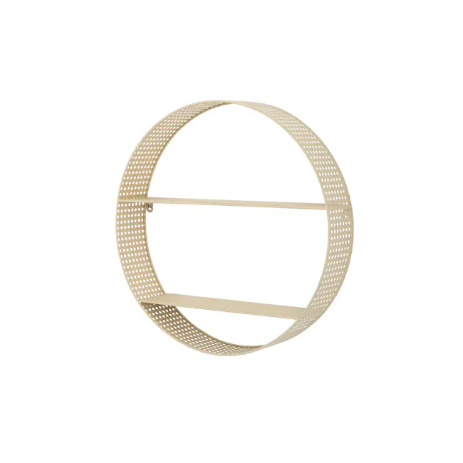 Onty Wall Shelf - Round - 4 - Gold mesh, circular frame, perforated design, minimalist style, industrial aesthetic
