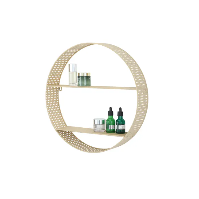 Onty Wall Shelf - Round - 1 - Gold circular shelf, minimalist design, perforated metal frame, two-tiered shelving, natural