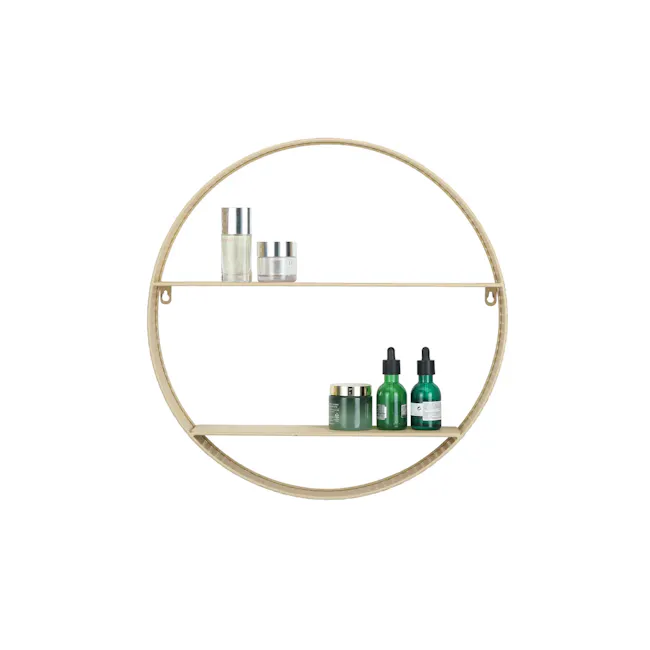 Onty Wall Shelf - Round - 3 - Gold circular shelf, minimalist design, wooden frame, elegant decor, multi-level shelving