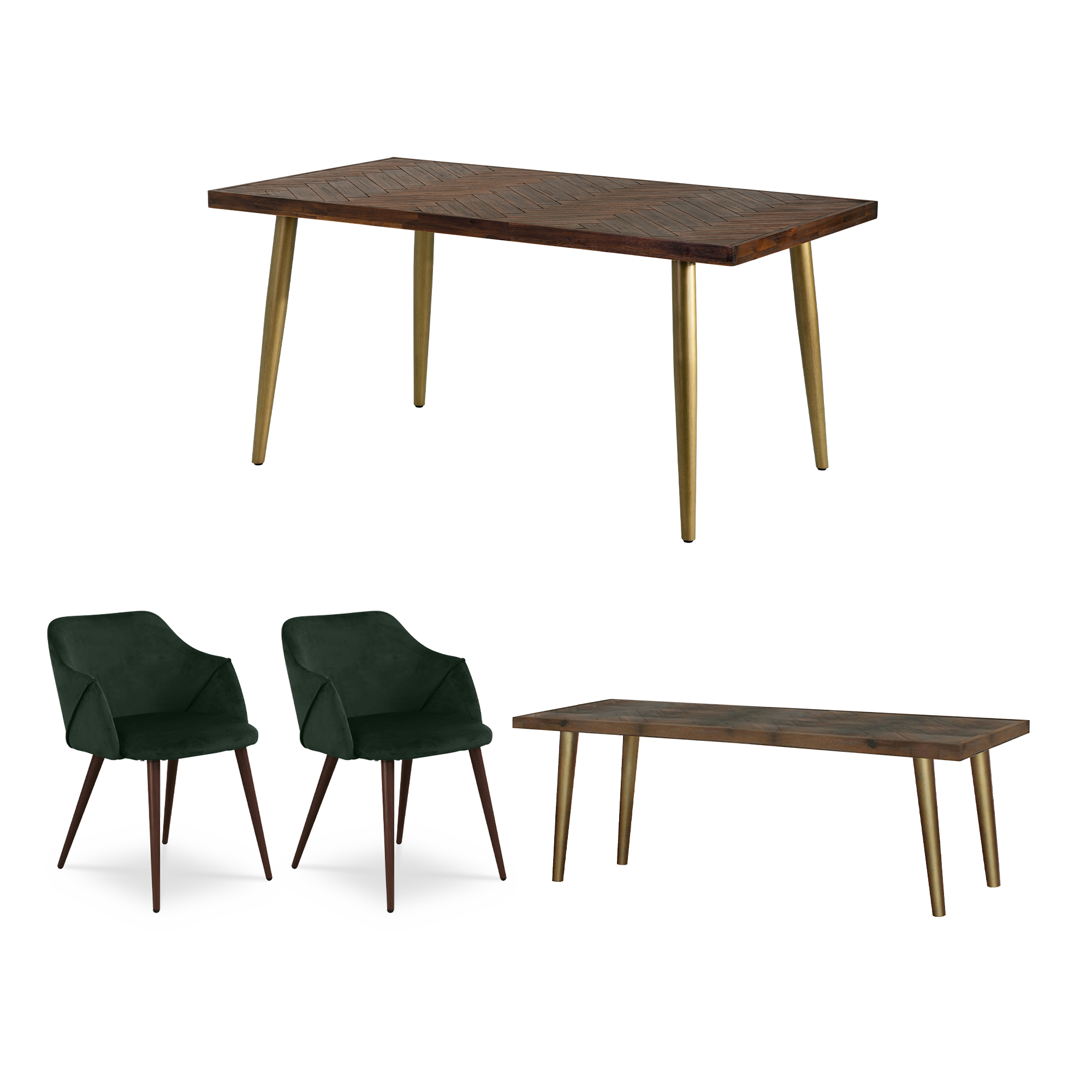 Cadencia Dining Table 1.6m with Cadencia Bench 1.5m and 2 Lydia Dining Armchairs in Pine Green (Velvet)